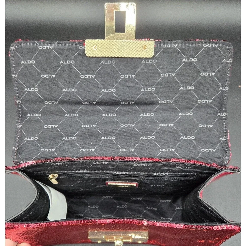 Aldo Red Sequent Handbag W/ Yellow Metal Chain Adjustable‎ Evening Event Purse